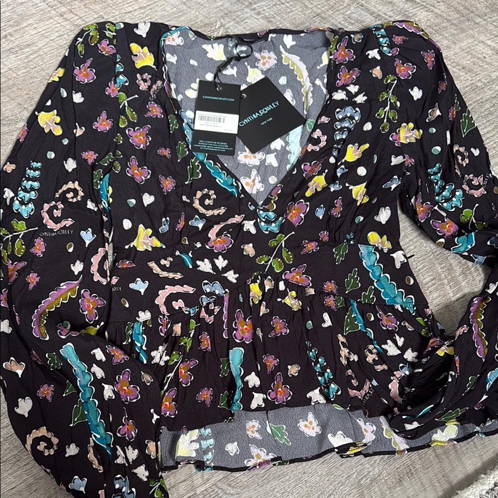 Cynthia Rowley Black and Blue Smocked Peplum Blouse~ NEW GORGEOUS ~retails $325